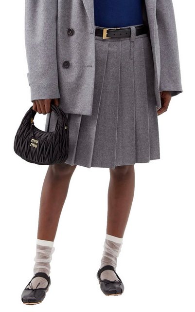 Miu Miu Midirock Faltenrock Rock Plissee Wool Cashmere Pleated Midi Knee Skirt Gürtelschlaufen-Feine Logostickerei auf der Rückseite