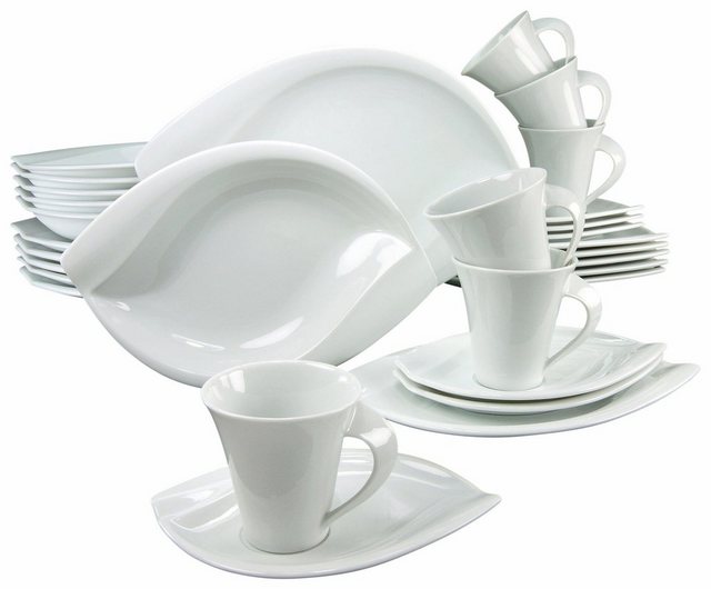 CreaTable Kombiservice Geschirr-Set ACACIA (30-tlg), 6 Personen, Porzellan, Service, weiß, extravagantes Form, 30 Teile, für 6 Personen im Sale