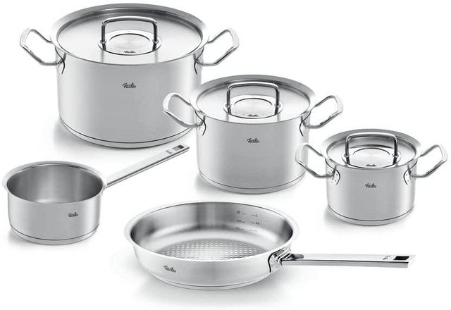 Fissler Topf-Set ORIGINAL-PROFI COLLECTION® Edelstahl-Topfset, Edelstahl 18/10 (8-tlg., je 1 Kochtopf 16/20/24 cm, Stielkasserolle 16 cm, Pfanne 24 cm), mit breitem Schüttrand, Kaltmetallgriffen. Made in Germany