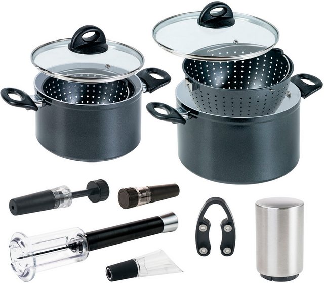 Genius Topf-Set Cerafit Magic Pot inkl. Wein- und Flaschenöffner, Set 11-tlg., (Set, 11-tlg., Flaschenöffner, Magic Pot, Set 6-tlg., Ø 20+24 cm, Weinöffner), Kochtöpfe mit integriertem Sieb. Flaschen- und Weinöffner