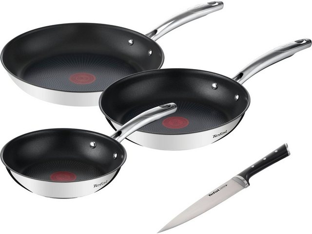 Tefal Pfannen-Set Duetto+ Ice Force, Edelstahl 18/10 (Set, je 1 Bratpfanne Ø 20/24/28 cm, 1 Kochmesser 20 cm), Edelstahl in Premium Qualität, Thermo-Signal, inkl. Kochmesser