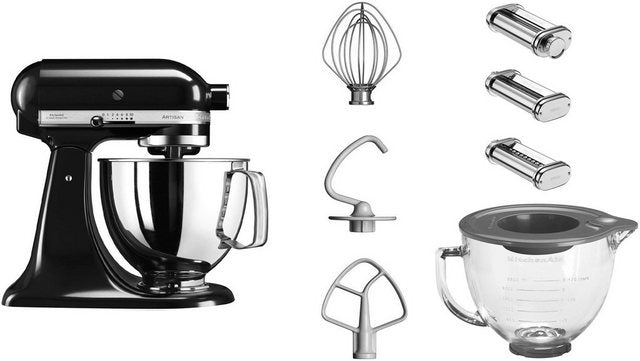 KitchenAid Küchenmaschine 5KSM125EOB, 300 W, 4,8 l Schüssel, mit Gratis Glasschüssel+3 Nudelvorsätzen