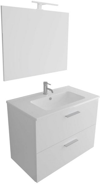 Vitra Badmöbel-Set Gäste WC Waschbecken mit Unterschrank und Spiegel - Baden Set Weiss, (3-tlg. Badezimmerschrank Set, 3-St., Waschbeckenunterschrank Set Vormontiert), Schubladenschrank mit Softclose - Waschbeckenunterschrank Hängend im Sale