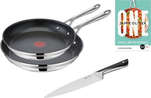 Tefal Pfannen-Set Jamie Oliver Cook Smart, Edelstahl 18/10 (Set, je 1 Pfanne 24 und 28 cm, 1 Kochmesser), stilvolle Edelstahl-Pfannen, inkl. Kochmesser, Rezeptbuch