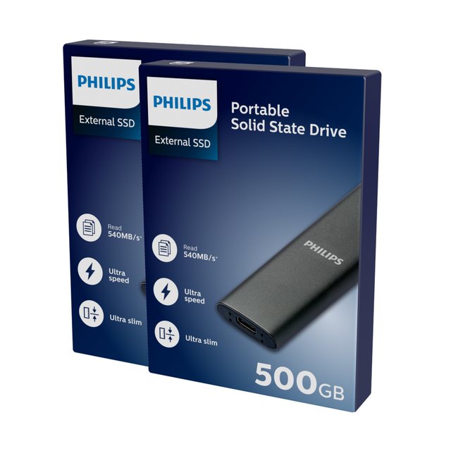 Philips FM50SS030P/20 externe SSD (500GB) 1,8 540 MB/S Lesegeschwindigkeit, 520 MB/S Schreibgeschwindigkeit, Space Grey, Ultra Speed USB-C 3.2, Aluminium, 2er Pack