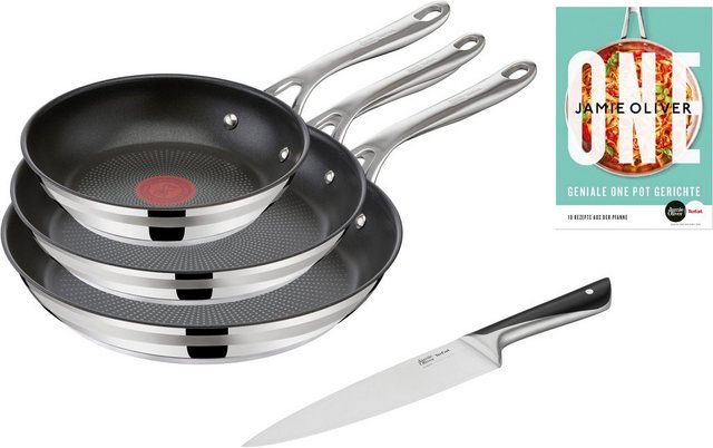 Tefal Pfannen-Set Jamie Oliver Cook Smart, Edelstahl 18/10 (Set, je 1 Pfanne 20/24/28 cm, 1 Kochmesser), stilvolle Edelstahl-Pfannen, inkl. Kochmesser, Rezeptbuch