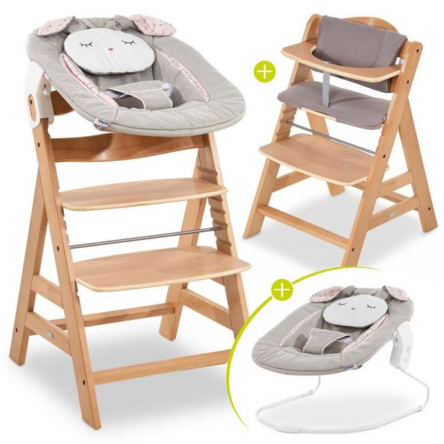 Hauck Hochstuhl Alpha Plus Natur Newborn Set Powder Bunny (Set, 4 St), Holz Babystuhl ab Geburt inkl. Aufsatz für Neugeborene & Sitzauflage