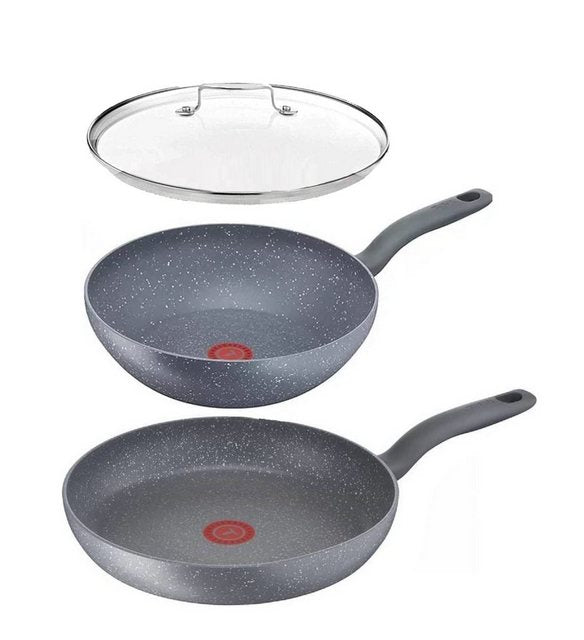 Tefal Pfannen-Set Cook Healthy G13410 Pfanne 30 cm + Wok pfanne mit Deckel 28cm, Edelstahl 18/10 (Pfanne, Bratpfannen Set, Pfannenset, Wok, Wokpfanne, Schmorpfanne, Pfannen Inkl. 1 Wender & Filzschoner), Ohne Fett / Öl braten, Hoher Rand, Hochrand