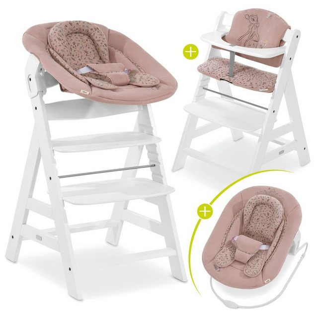 Hauck Hochstuhl Alpha Plus White Newborn Set Bambi Rose (Set), Holz Babystuhl ab Geburt inkl. Aufsatz für Neugeborene & Sitzauflage