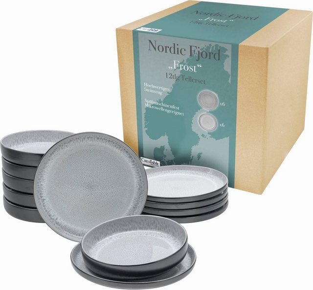 CreaTable Teller-Set Nordic Fjord (12-tlg), 6 Personen, Steinzeug, Tafelservice, 6 Speiseteller Ø 26 cm, 6 Suppenteller Ø 22,5 cm im Sale