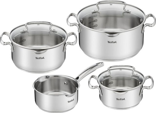 Tefal Topf-Set Duetto+ G719S7, Edelstahl 18/10 (Set, 7-tlg., 7-teiliges Topfset mit Stielkasserolle 16 cm, Kochtopf 16/20/24 cm), hochwertiger Edelstahl, hochglanzpoliert, Glasdeckel mit Siebfunktion