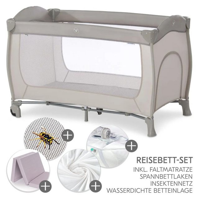 Hauck Baby-Reisebett Sleep'n Play Go Plus - Beige, Baby Kinder Reisebett mit Matratze, 2 Spannbettlaken & Insektenschutz