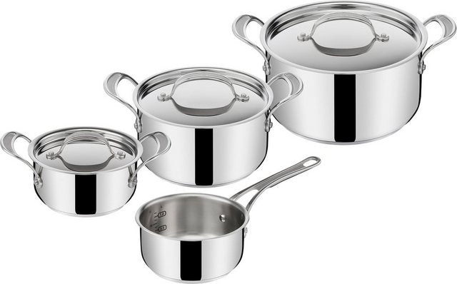 Tefal Topf-Set E307S7 Jamie Oliver, Edelstahl (Set, 7-tlg., je 1x Bratentopf mit Deckel Ø 16/20/24 cm, 1x Stielkasserolle Ø 16 cm), induktionsgeeignet, besonders flacher Deckel im Sale