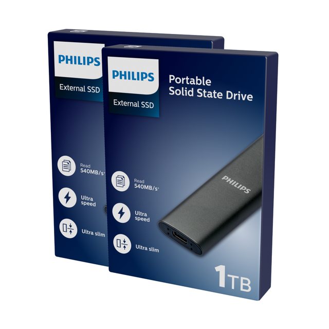 Philips FM01SS030P/20 externe SSD (1TB) 1.8 540 MB/S Lesegeschwindigkeit, 520 MB/S Schreibgeschwindigkeit, Ultra Speed USB-C 3.2, Aluminium, Space Grey, 2er Pack