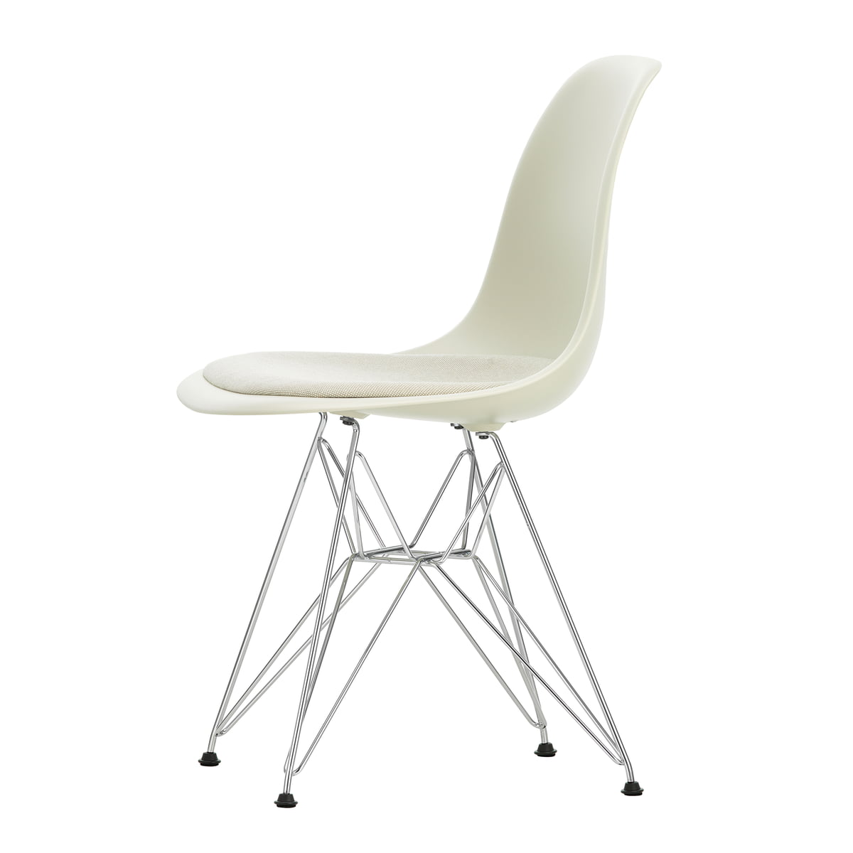 Vitra - Eames Plastic Side Chair DSR mit Sitzpolster, verchromt / kieselstein (Filzgleiter basic dark) im Sale