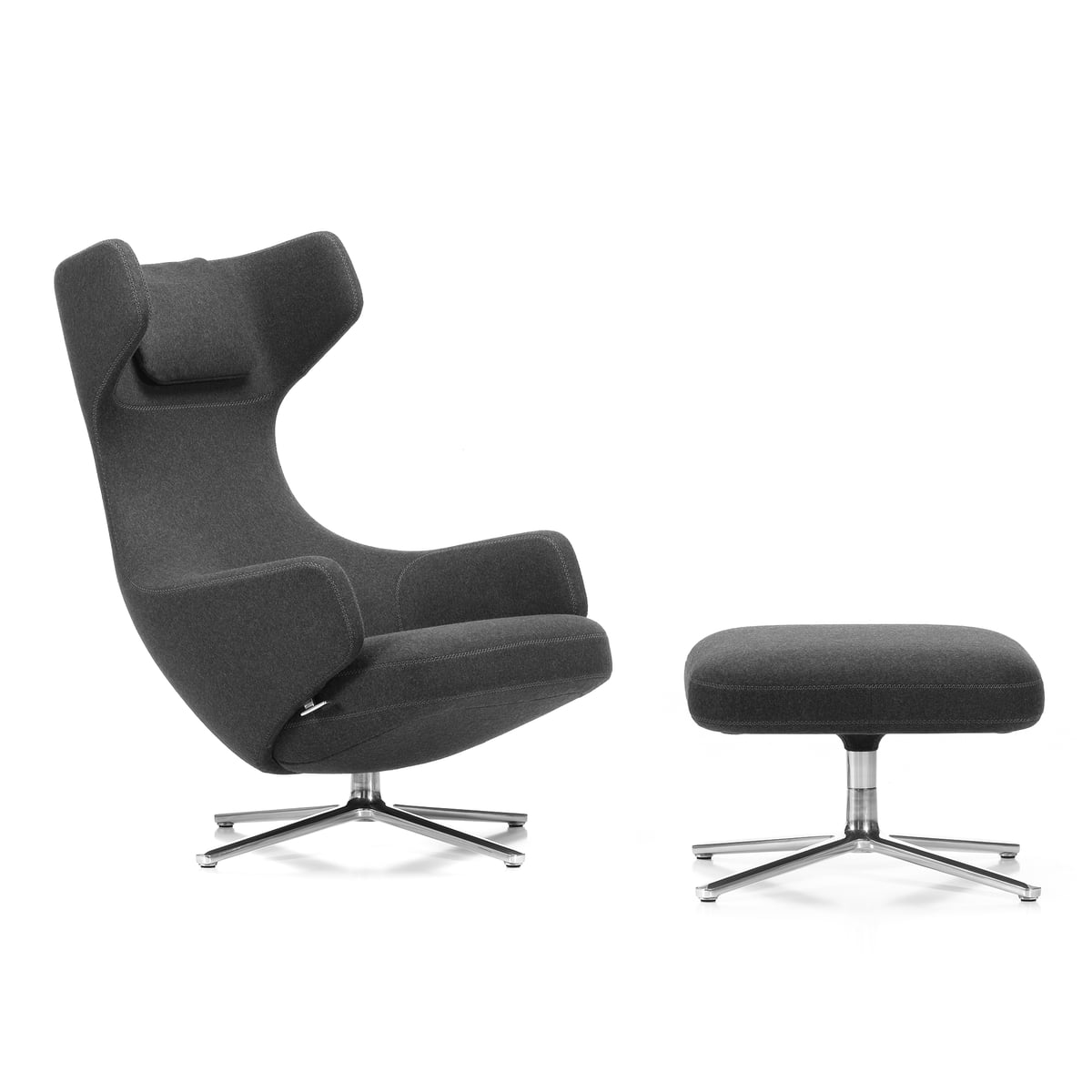 Vitra - Grand Repos Sessel und Ottoman, Cosy 2 grau (10 classic grey) / Aluminium poliert (Filzgleiter) im Sale